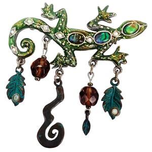 Vintage Green Enamel Gecko Lizard Brooch Abalone Shell Inlay Dangle Figural Pin